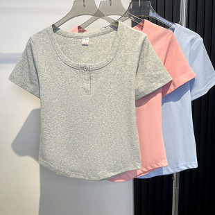 Fjwldy显白圆领短袖t恤女夏季微胖大码显瘦百搭纯色正肩短款