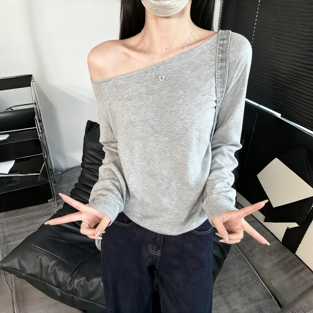 Fjwldy春秋基础百搭显瘦宽松斜肩一字肩长袖t恤男女大码简约上衣