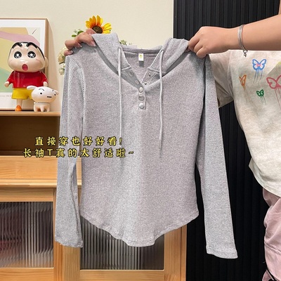Fjwldy大码女早春连帽T恤内搭打底衫弧形下摆遮肚子藏肉上衣小衫