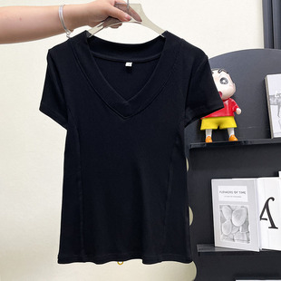 Fjwldy短袖正肩t恤女夏季大码显瘦修身鱼骨线设计感上衣遮肚子