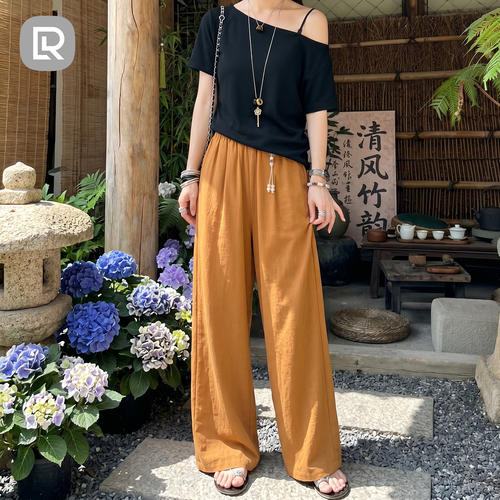 南瓜色天丝亚麻棉麻直筒裤女夏薄款垂感老钱风慵懒松弛阔腿休闲裤
