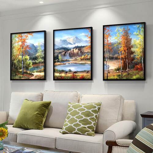 北欧客厅装饰画沙发背景墙壁画办公室现代简约招财山水风景三联画
