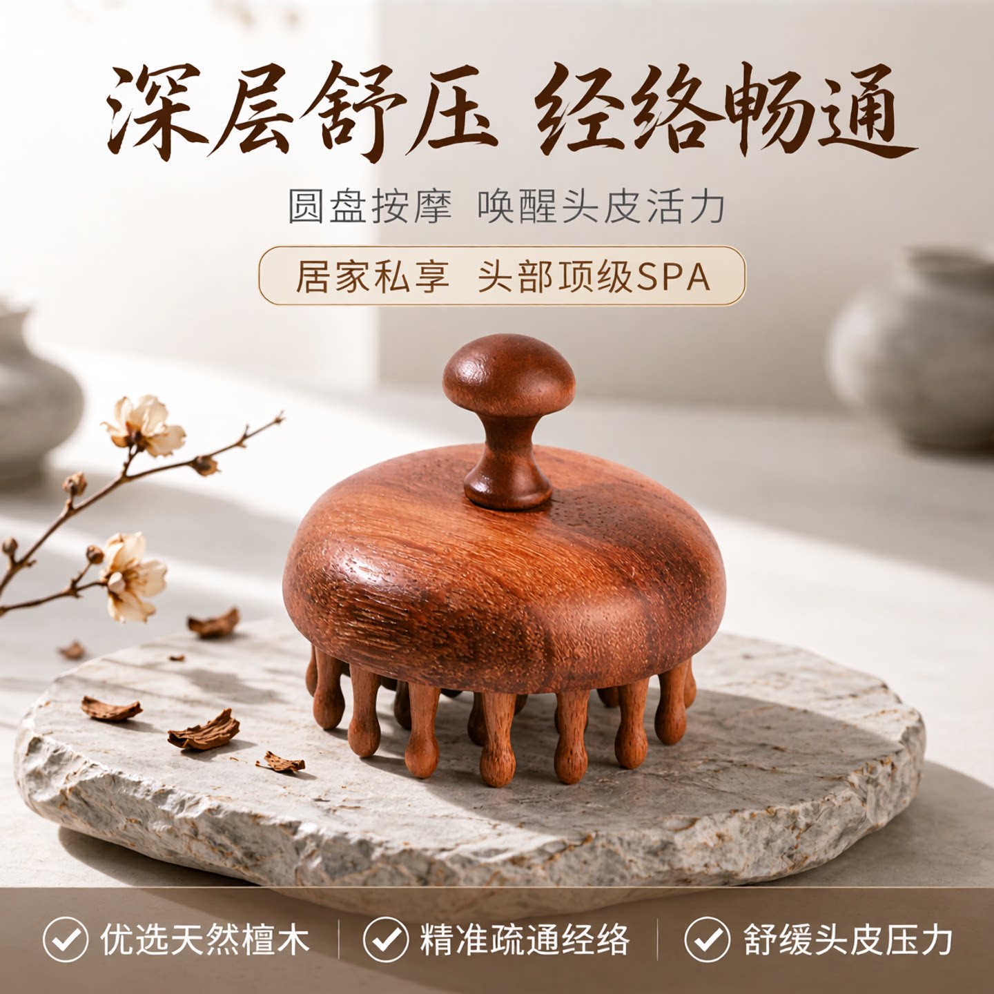高端檀木圆盘按摩梳头部经络疏通