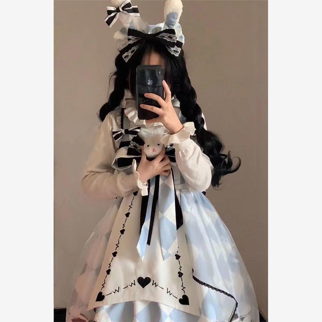 春款扑克兔爱丽丝印花可爱甜美JSK吊带裙春夏连衣裙