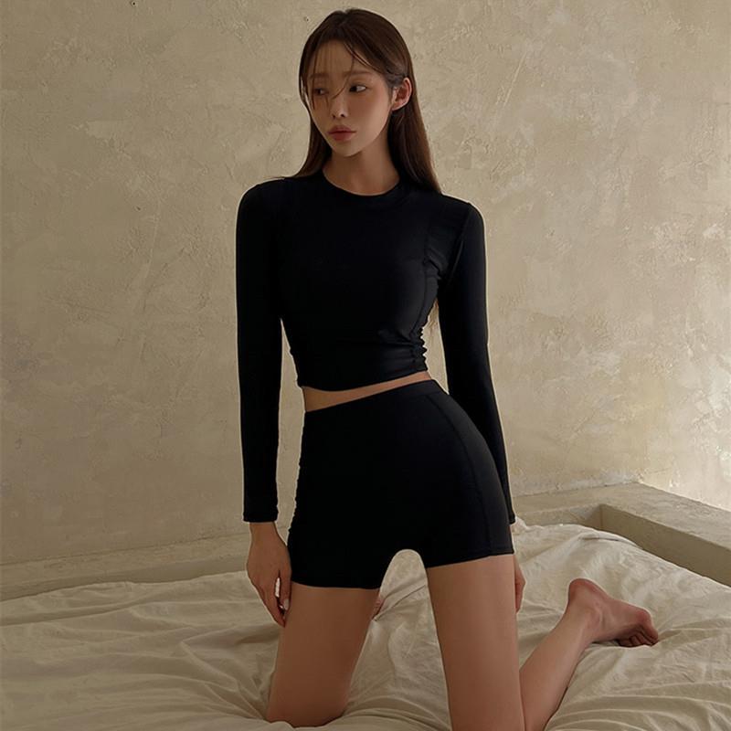 26新款款韩版黑色保守学生平角裤沙滩潜水冲浪长袖分体泳衣女泡温