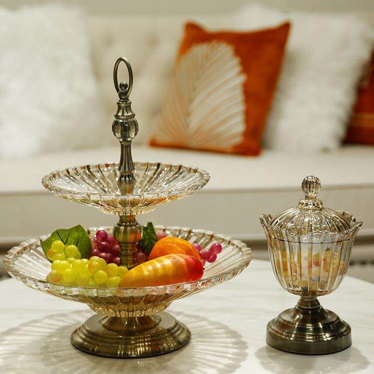 欧式玻璃双层果盘水果盘轻奢高档干果盘家用客厅茶几摆件奢华果盆