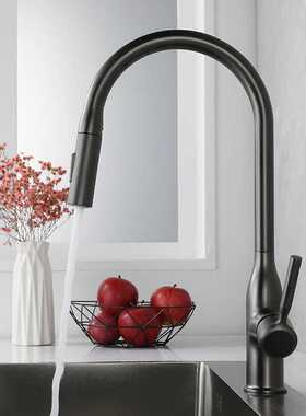 枪灰色全铜抽拉式冷热水万向可旋转水槽喷头厨房洗菜盆水龙头