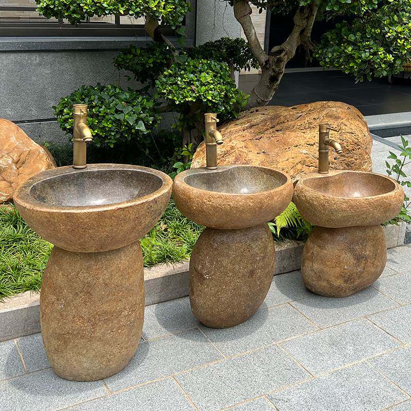 户外幼儿园洗手池天然鹅卵石创意立柱盆复古儿童洗漱台庭院原石盆