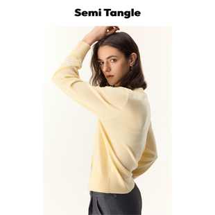 上衣 」羊毛混纺撞色纽扣浅色系嫩黄色开衫 Semi Tangle「新品