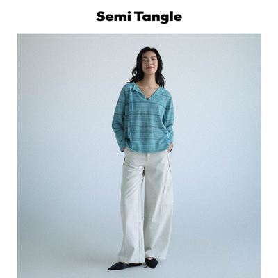 Semi Tangle秋季新品通透感简约针织条纹不易皱正反两面穿上衣女