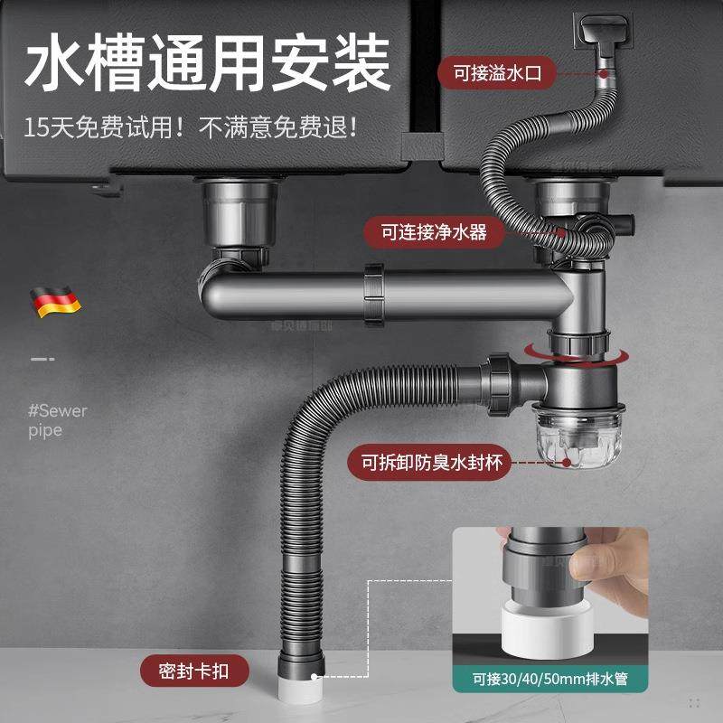 厨房水槽下水器套装洗菜盆防臭下水管排水管配件双槽不锈钢落水器,家装主材,下水器,淘宝优惠券,粉丝福利购,淘宝优惠卷