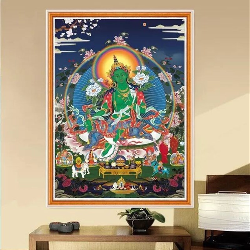 绿度母钻石画满钻新款客厅竖版藏式钻石绣点贴钻十字绣