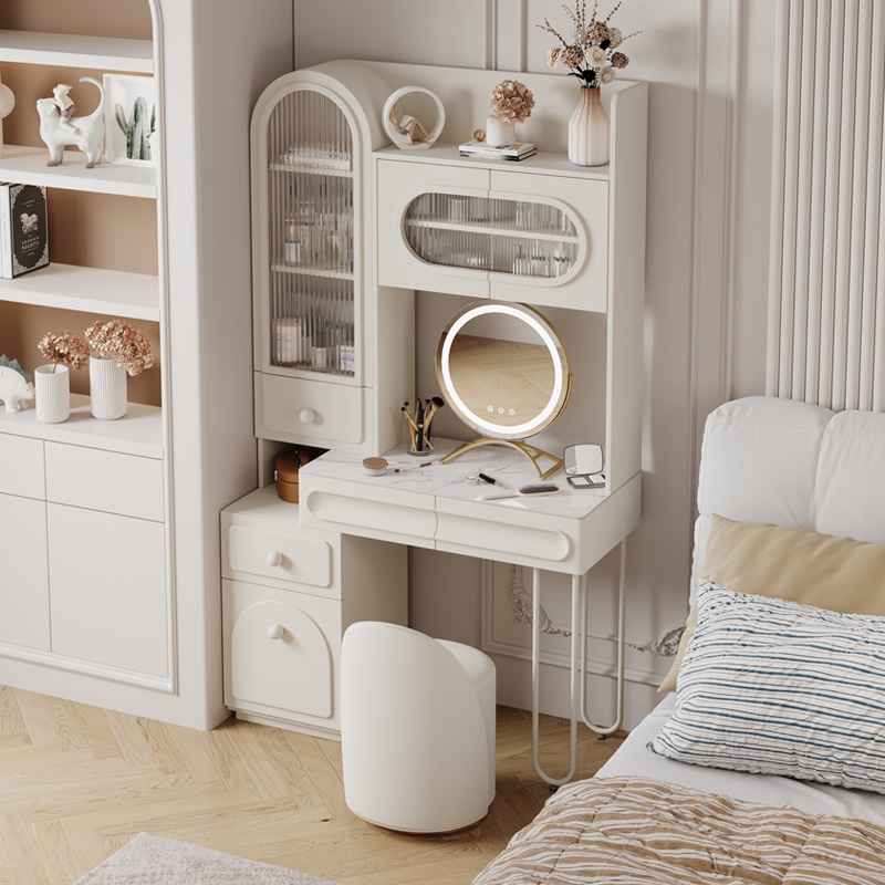 化妆桌卧室简约现代小户型实木大容量高级感奶油风梳妆台书桌一体