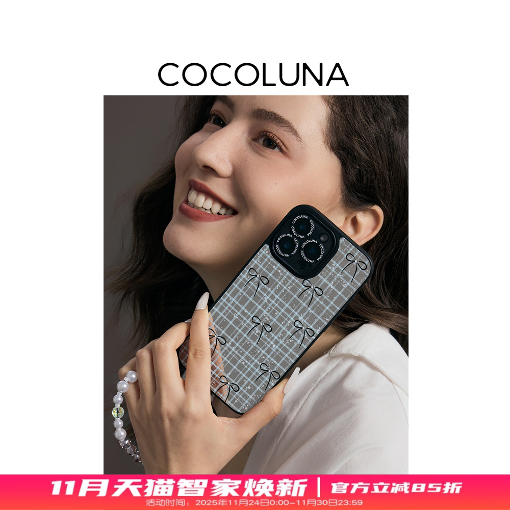 COCOLUNA 原创黑色蝴蝶结蓝色格子磁吸适用于苹果15Pro/16Pro/16ProMax 镜面手机壳韩系格iPhone13promax外壳