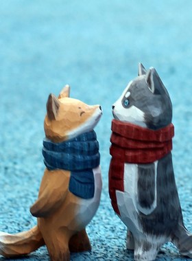 优选[两只单身狗]手工原木质哈士奇柴犬狗狗摆件圣诞节日礼物家居