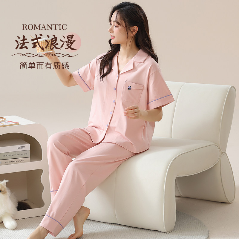 柔善睡衣夏季女款纯棉短袖长裤简约春秋薄款2025新款家居服套装