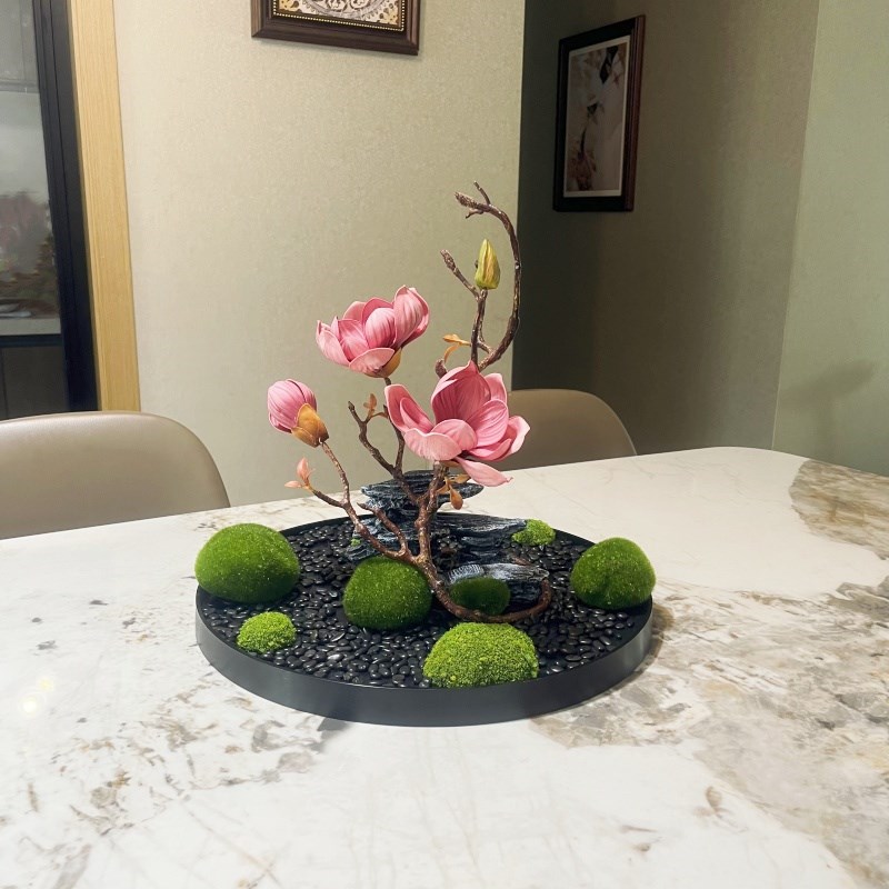 优选仿真花艺微造景观酒店圆形餐桌电动转盘中间摆放装饰假山盆景