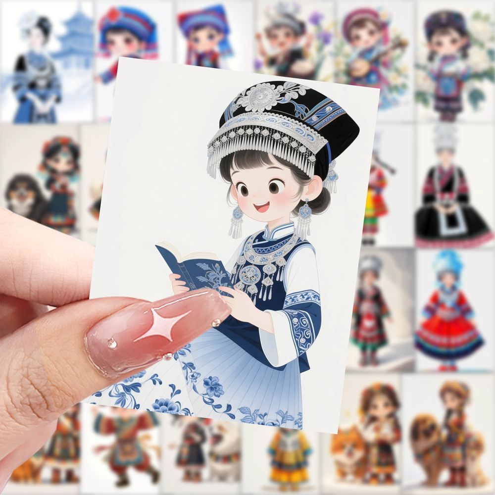 新款少数名族插画贴纸ins高颜值动漫风精美民族传统服饰插画贴画