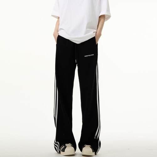 YEBOUN美式黑色三条杠休闲裤男女阔腿垂感卫裤宽松直筒裤运动裤子