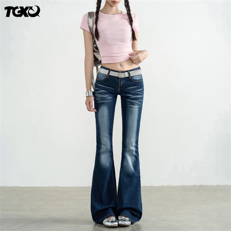 TGXQ美式复古牛仔裤女2026新款辣妹修身弹力水洗怀旧蓝低腰微喇叭