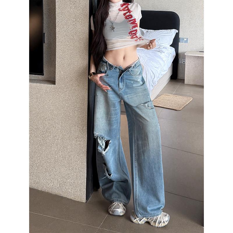郑小亮辣妹低腰破洞窄版阔腿牛仔裤女2026夏季新款宽松显瘦拖地裤