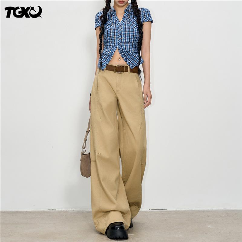 TGXQ卡其色牛仔裤女2026年新款美式时尚潮流高腰拼接宽松阔腿裤子