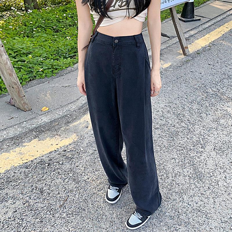 莱赛尔黑色天丝牛仔裤女2026夏季新款宽松直筒高腰拖地阔腿裤子薄