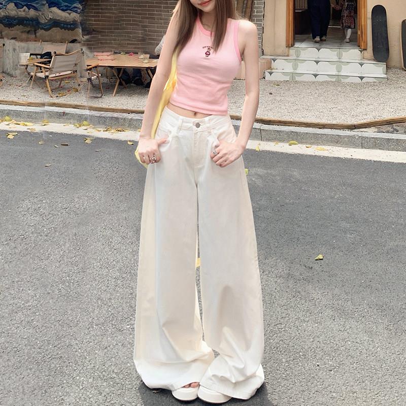 白色美式阔腿牛仔裤女2026年新款小个子宽松显瘦低腰直筒拖地裤子