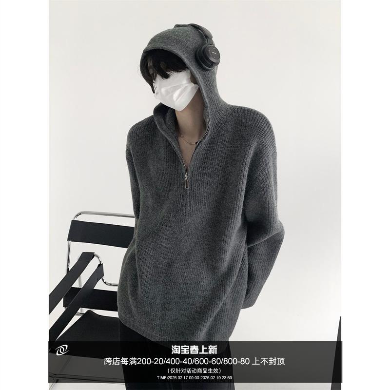 秋山风/韩国半拉链连帽毛衣男慵懒高级感秋冬针织开衫外套cleanfi