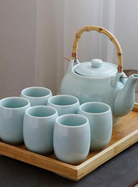 2024新款豆青提梁壶茶具套装家用青瓷泡茶壶茶杯茶盘陶瓷大号简约