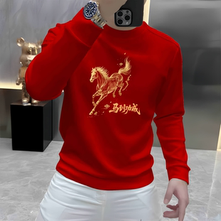 2026新款马年男士红色卫衣本命年马到成功印花圆领加绒保暖上衣男