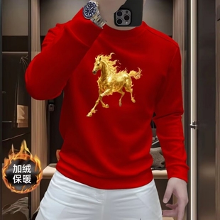 2026新款马年男士红色卫衣本命年马到成功印花圆领长袖百搭上衣男