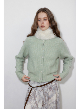 in modo diverso 原创设计羊毛绒立体排扣薄荷绿插肩袖毛衣开衫女