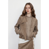 diverso modo 原创设计重工撞钉荡领斜门襟环保麂皮夹克外套女