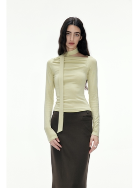 in modo diverso 原创设计斜开领捏褶飘带连肩袖针织长袖T恤