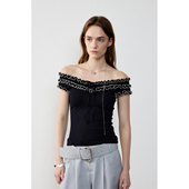 modo diverso原创小众设计撞色波浪木耳边层次感心型领露肩T恤