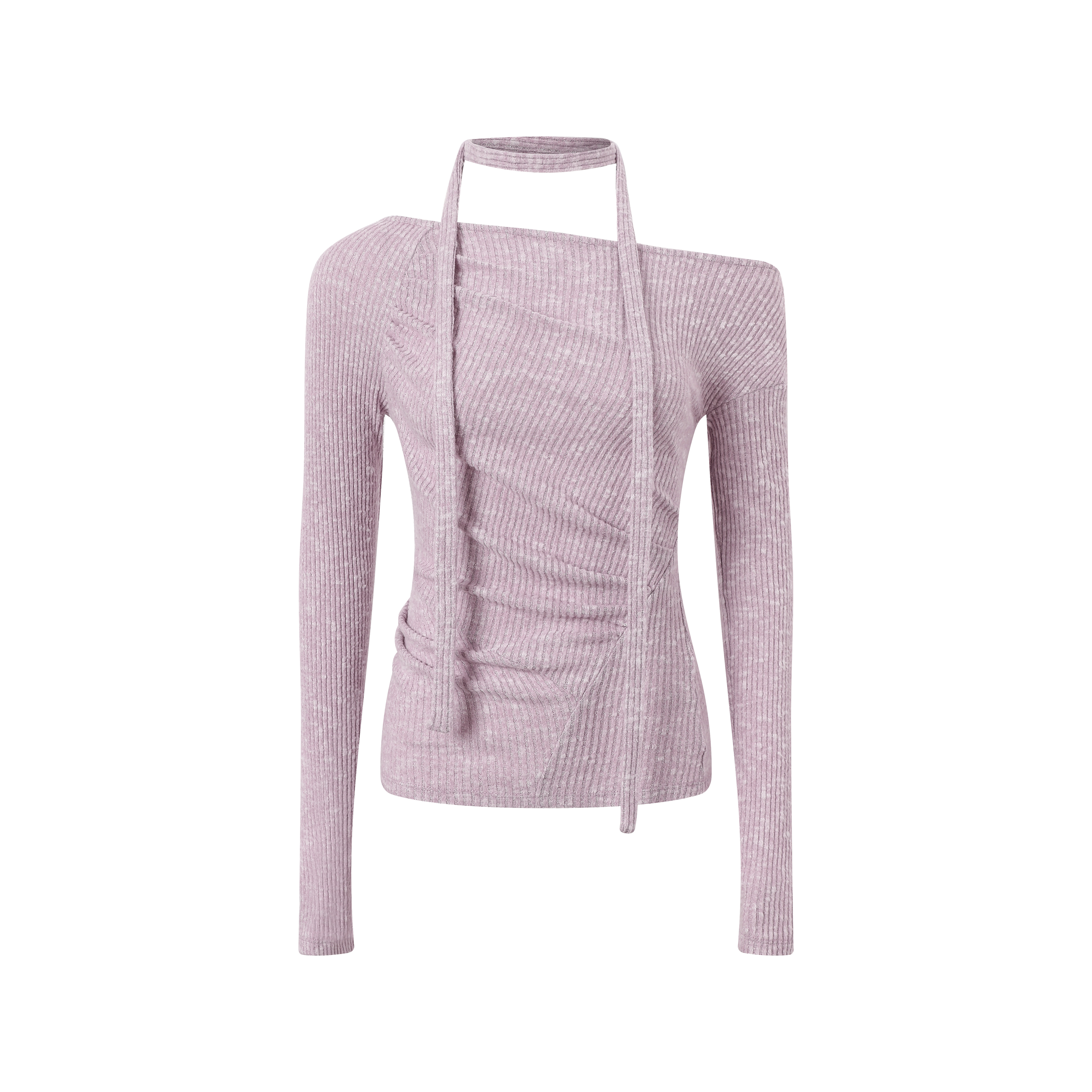 thumbnail for In modo diverso original design fleece floral yarn split pleated squint shoulder streamer knit T-shirt for women