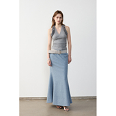 modo diverso原创小众设计羊毛混纺牛仔蓝花纱立裁鱼尾半身裙