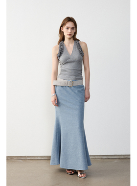 in modo diverso原创小众设计羊毛混纺牛仔蓝花纱立裁鱼尾半身裙