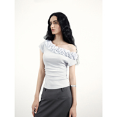 modo diverso 原创小众设计感多层花边斜肩T恤女新款 短袖 上衣