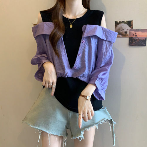 大码女装遮肚子假两件拼接衬衫女夏季胖妹妹百搭设计感漏肩打底衫
