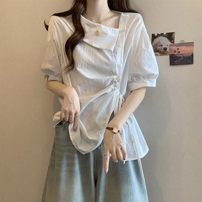大码女装法式不规则遮肚子小众衬衫女夏季胖妹妹显瘦气质短袖上衣