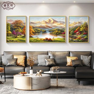饰画轻奢高级感沙发背景墙挂画聚宝盆三联壁画 山水画靠山图客厅装