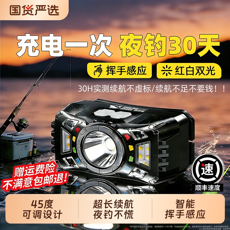 微笑鲨2026新款头灯钓鱼专用强光充电超亮头戴式超长续航夜钓登山