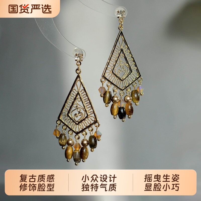 S999银复古美拉德波西米亚风虎眼石流苏耳环女巨好看耳坠独特耳饰