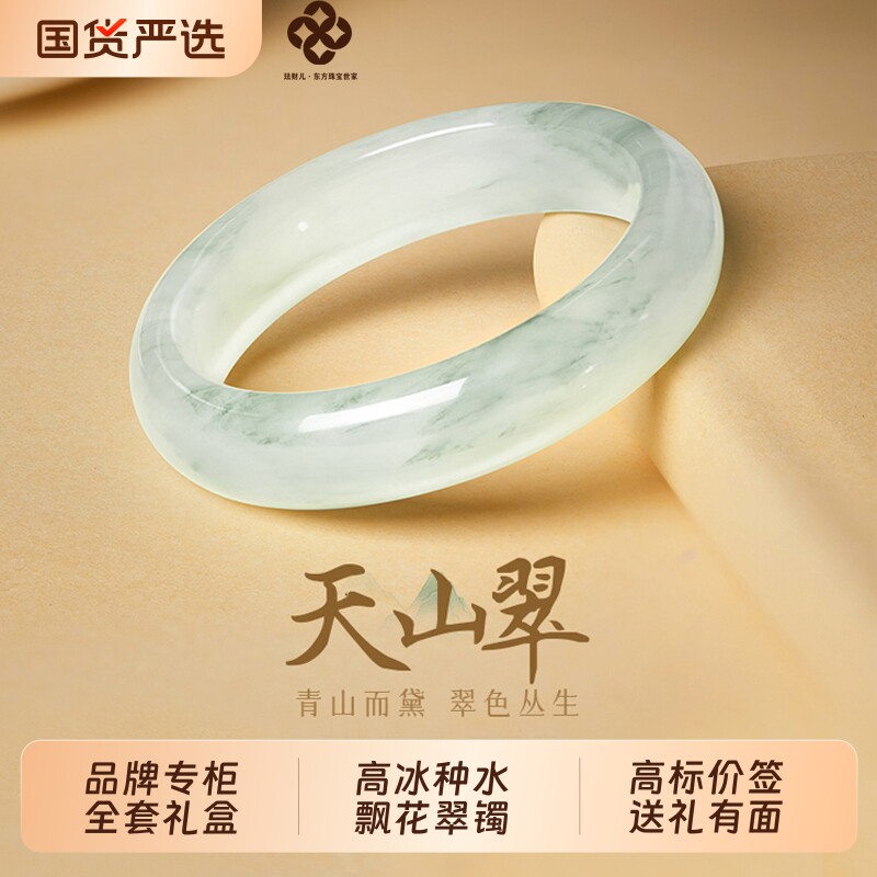 珐财儿【品牌直发】天然高冰高透飘花天山翠玉手镯贵妃镯节日礼物