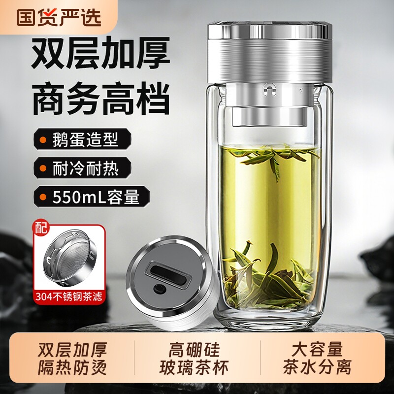 鹅蛋玻璃杯双层隔热水杯2026新款男大容量耐高温商务办公泡茶杯子