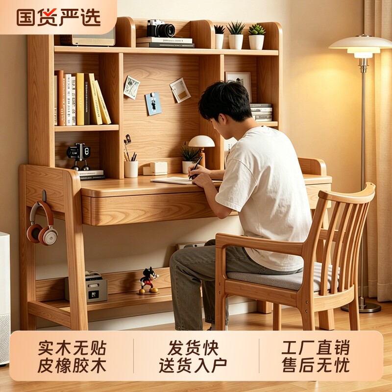 儿童学习桌中小学生卧室实木书桌书架一体可升降写字桌家用课桌椅