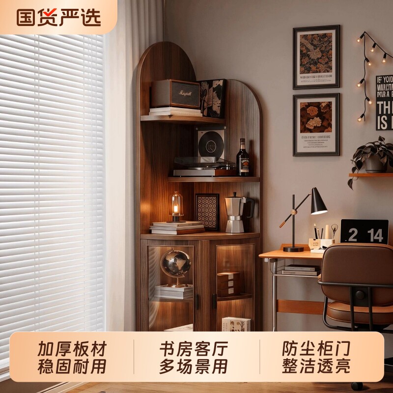 中古风书柜带玻璃门展示柜家用客厅书房墙角柜置物架靠墙转角柜子图片