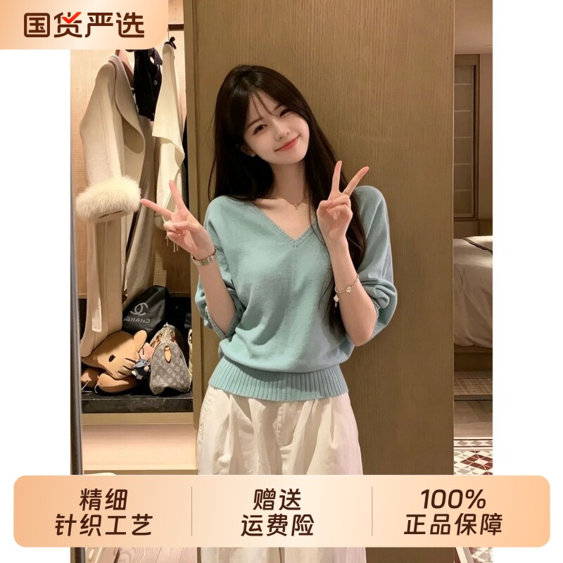 韩衣汐设计感V领针织衫薄款松弛百搭清新短袖T恤露肩宽松上衣秋季